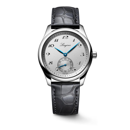 Longines The Longines Master Collection [L2.843.4.73.2], luxury men's automatic wristwatch with silver dial, blue hands, small seconds subdial, and black leather strap.