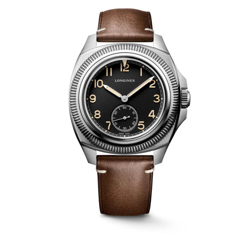 Longines Heritage Aviator Watch, a vintage-inspired wristwatch with a black dial, beige numerals, silver hands, small second subdial at 6 o'clock, stainless steel case, and brown leather strap.