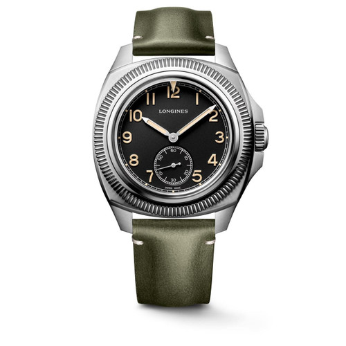 Longines Heritage Avigation Watch, black dial with beige numerals and hands, stainless steel case, green leather strap.