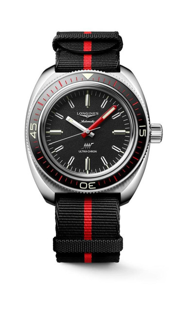 Longines Ultra-chron watch, black dial with silver and red accents, automatic movement, and a fabric strap with red stripe.
