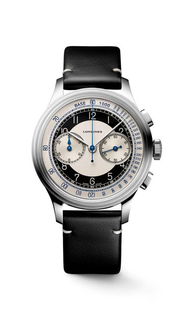 Longines Heritage Classic [L2.830.4.93.0], a stylish men's wristwatch with a black leather strap and a silver round case featuring a chronograph dial with black and cream color accents.