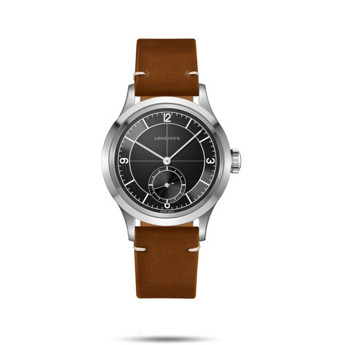 Longines Heritage Classic [L2.828.4.53.2] watch, luxury men's wristwatch with black dial, white markers, subdial at 6 o'clock, and brown leather strap.