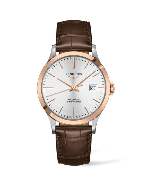 Longines Record watch, luxury Swiss automatic chronometer with a silver dial, rose gold bezel, and brown leather strap.
