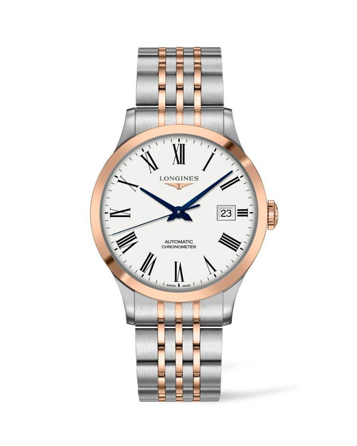 LONGINES RECORD [L2.821.5.11.7], luxury men's wristwatch with a two-tone stainless steel and rose gold bracelet, white dial, Roman numeral hour markers, date display, and blue hands.