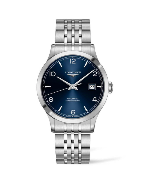 Longines Record, luxury men's watch with a blue dial, silver stainless steel bracelet, date display at 3 o'clock, and automatic chronometer movement.