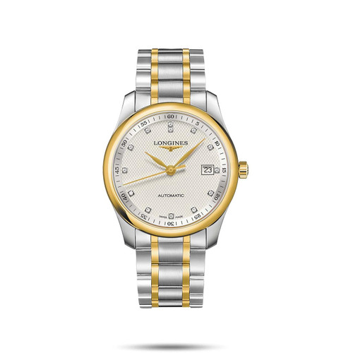 Longines The Longines Master Collection [L2.793.5.97.7], luxury men's automatic wristwatch with gold and silver stainless steel band, white textured dial, gold bezel, and date display.