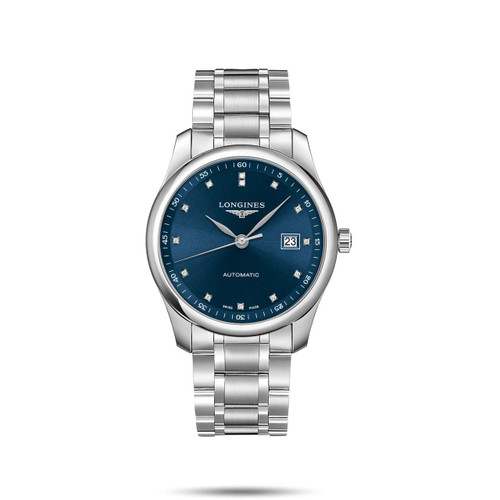 LONGINES THE LONGINES MASTER COLLECTION [L2.793.4.97.6], luxury men's automatic watch with blue dial, silver stainless steel bracelet, date display, and diamond hour markers.