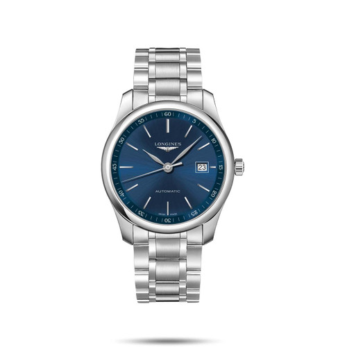 Longines The Longines Master Collection [L2.793.4.92.6], elegant men's silver stainless steel wristwatch with blue dial, date display, and automatic movement.