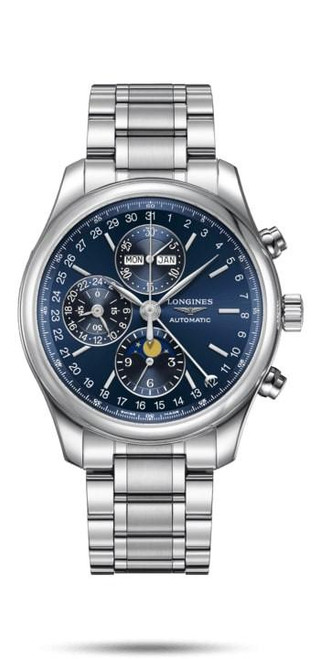 Longines The Longines Master Collection watch, stainless steel case and bracelet with a blue dial featuring multiple subdials, moonphase display, and chronograph functions.