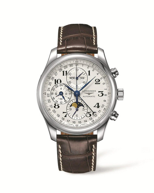 LONGINES THE LONGINES MASTER COLLECTION [L2.773.4.78.3], luxury men's automatic wristwatch with chronograph and moon phase, brown leather strap, stainless steel case, and white dial with multiple subdials.