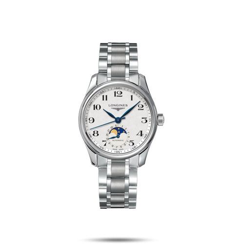 Longines The Longines Master Collection [L2.409.4.78.6], a luxury wristwatch featuring a stainless steel bracelet, white dial with blue hands, moon phase complication, and automatic movement.