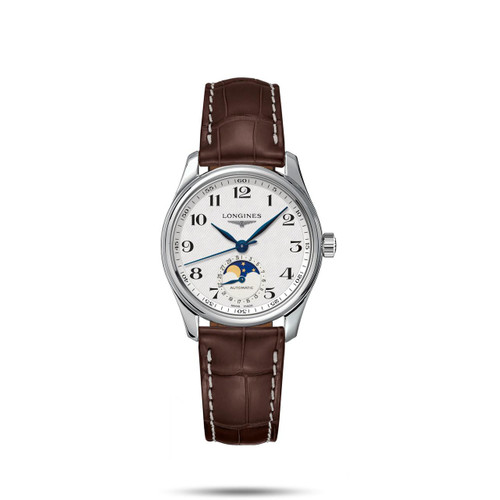 LONGINES THE LONGINES MASTER COLLECTION [L2.409.4.78.3], wristwatch with white dial, blue hands, moon phase complication, brown leather strap, and stainless steel case.