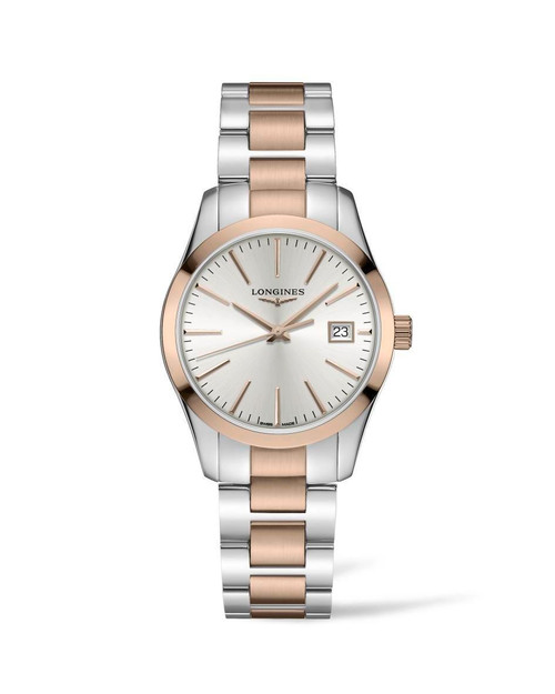 Longines Conquest Classic, elegant stainless steel and rose gold wristwatch with silver dial and date display.