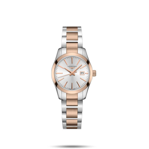 Longines Conquest Classic [L2.286.3.72.7], a luxury wristwatch with a two-tone silver and rose gold bracelet, round silver dial, rose gold indices and hands, date display at 3 o'clock, and Swiss craftsmanship.