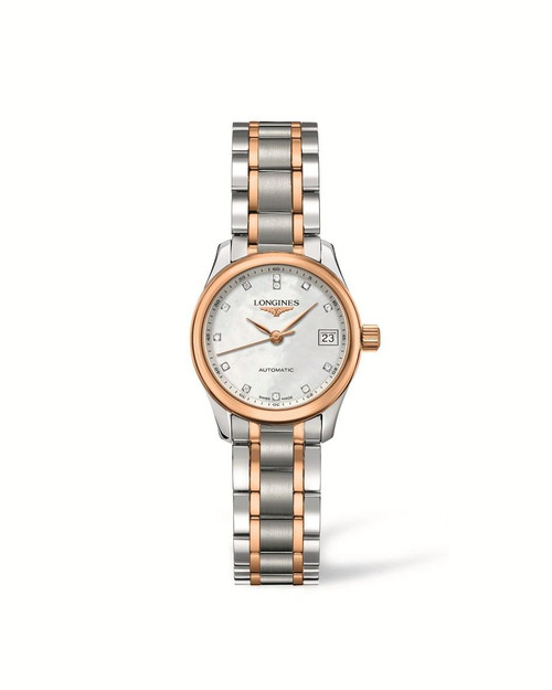 LONGINES THE LONGINES MASTER COLLECTION [L2.128.5.89.7], Elegant women's wristwatch featuring a two-tone stainless steel and rose gold bracelet, white dial with diamond hour markers, date display at 3 o'clock, and automatic movement.