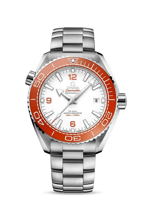 OMEGA Seamaster Planet Ocean 600M co-axial Master Chronometer 43.5 mm, stainless steel dive watch with white dial, orange bezel, and date display.
