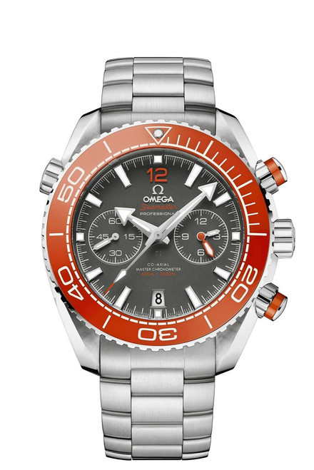 OMEGA Seamaster Planet Ocean 600M co-axial Master Chronometer Chronograph 45.5 mm, stainless steel watch with black dial, orange bezel, and chronograph sub-dials.
