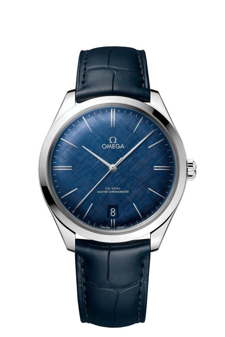 OMEGA De VilleTrésor co-axial Master Chronometer 40 mm, wristwatch with blue textured dial, stainless steel case, date display at 6 o'clock, and blue leather strap.