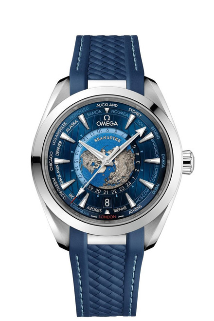 Omega Seamaster Aqua Terra 150M co-axial Master Chronometer GMT Worldtimer 43 mm watch, featuring a blue dial with a world map, a date window at 6 o'clock, and a blue rubber strap.