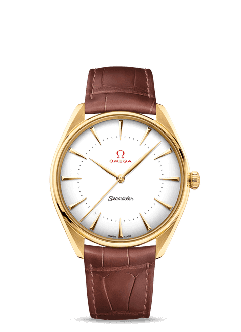 OMEGA Seamaster Olympic Official Timekeeper co-axial Master Chronometer 39.5 mm watch, featuring a gold case, white dial with gold markers, and a brown leather strap.