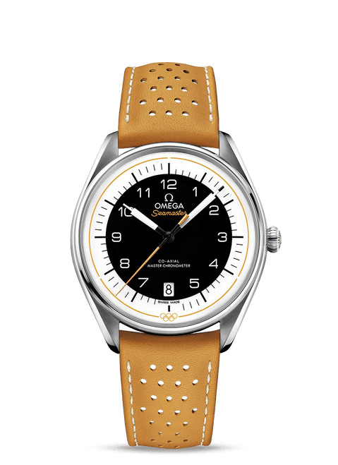 Omega Seamaster Olympic Official Timekeeper Co-Axial Master Chronometer 39.5mm watch with black dial, white and gold accents, leather strap, and chronograph features.