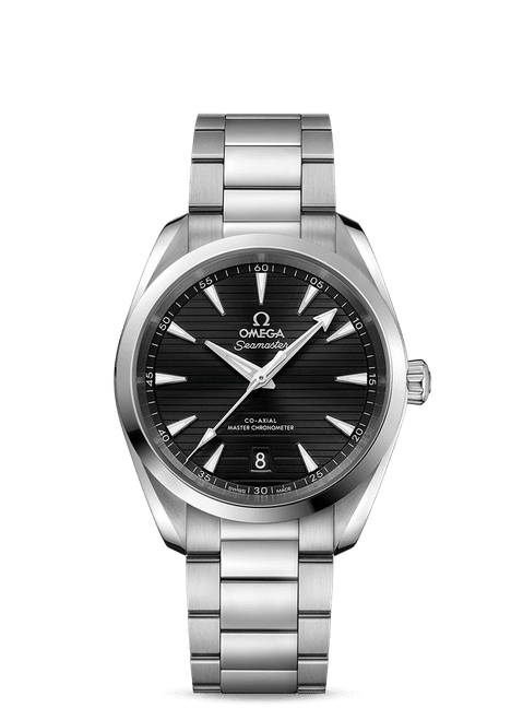OMEGA Seamaster Aqua Terra 150M co-axial Master Chronometer 38 mm watch, black textured dial with silver hands and index hour markers, stainless steel case and bracelet, date display at 6 o'clock, water-resistant up to 150 meters.