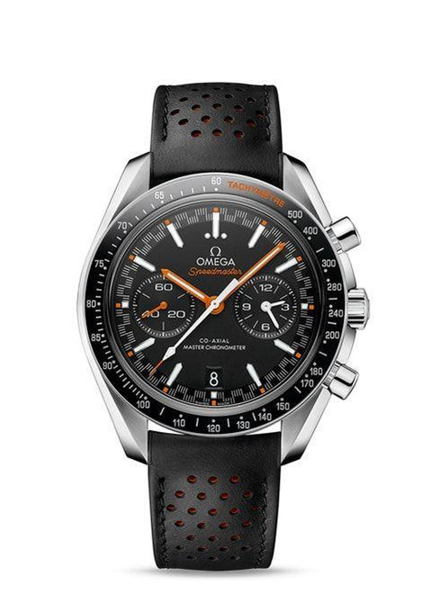 OMEGA Speedmaster Racing co-axial Master Chronometer Chronograph 44.25 mm [32932445101001] 7612586270321, black dial with orange accents, stainless steel case, black perforated leather strap, chronograph subdials, tachymeter scale, date display.