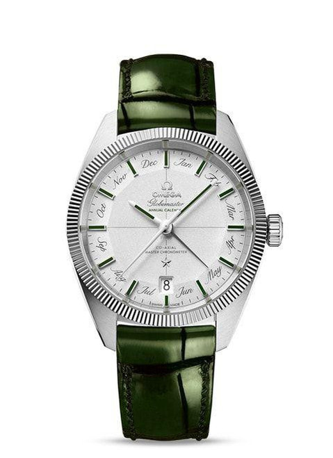 OMEGA Constellation Globemaster co-axial Master Chronometer Annual Calendar 41 mm watch, with a silver dial, green leather strap, and detailed months and date display.