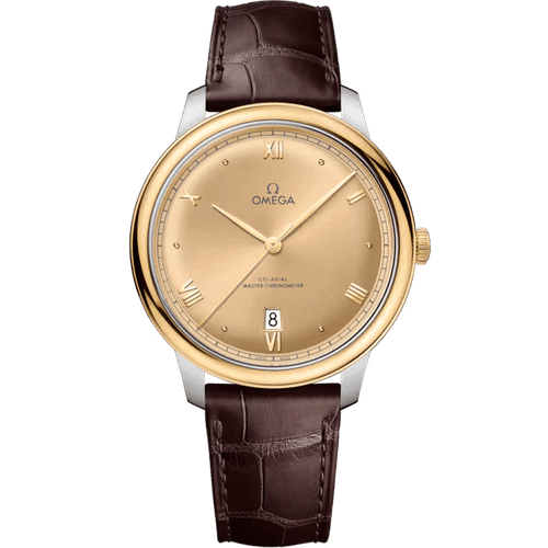 OMEGA De VillePrestige co-axial Master Chronometer 40 mm, gold and stainless steel wristwatch with a champagne dial, Roman numeral and baton hour markers, date display at 6 o'clock, and brown leather strap.