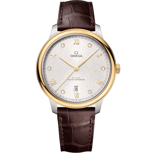 OMEGA De VillePrestige co-axial Master Chronometer 40 mm watch, featuring a silver dial with gold accents, diamond hour markers, and a brown leather strap.
