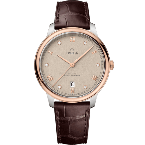 OMEGA De VillePrestige Co-Axial Master Chronometer 40 mm watch, rose gold bezel, champagne dial with diamond hour markers, brown leather strap.