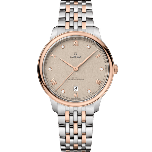 OMEGA De VillePrestige co-axial Master Chronometer 40 mm wristwatch, featuring a two-tone silver and rose gold bracelet, champagne dial with diamond hour markers, and date display at 6 o'clock.