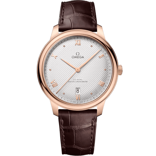 OMEGA De VillePrestige co-axial Master Chronometer 40 mm watch, rose gold case with a silver textured dial, brown leather strap, and Roman numeral and index hour markers.