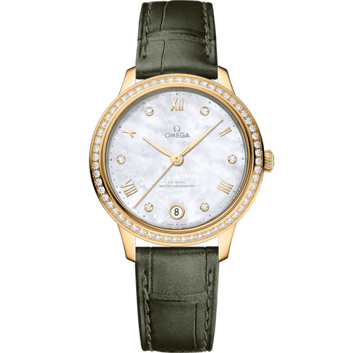 OMEGA De VillePrestige co-axial Master Chronometer 34 mm watch, elegant timepiece with a white mother-of-pearl dial, diamond-studded bezel, gold case, and a dark green leather strap.