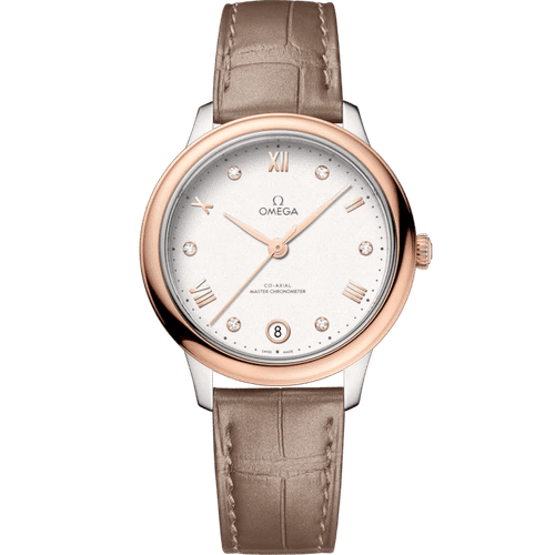 OMEGA De VillePrestige co-axial Master Chronometer 34 mm watch, elegant timepiece with a silver dial, rose gold bezel, and beige leather strap.