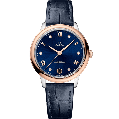 OMEGA De VillePrestige co-axial Master Chronometer 34 mm, luxury wristwatch with a blue dial, rose gold bezel, and blue leather strap.