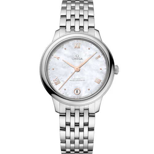 OMEGA De VillePrestige co-axial Master Chronometer 34 mm watch, silver stainless steel case and bracelet with a white mother-of-pearl dial and rose gold-tone hands and numerals.