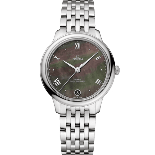 OMEGA De VillePrestige co-axial Master Chronometer 34 mm, stainless steel watch with a green mother-of-pearl dial, Roman numeral hour markers, date display at 6 o'clock, and a stainless steel bracelet.