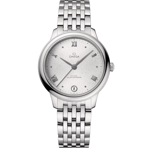 OMEGA De VillePrestige Co-Axial Master Chronometer 34 mm, silver dial with Roman numerals and date display at 6 o'clock.
