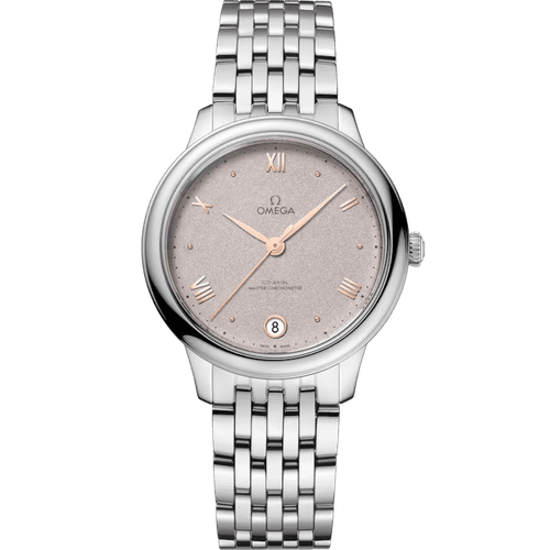 OMEGA De VillePrestige co-axial Master Chronometer 34 mm watch, silver dial with rose gold hands and Roman numeral hour markers, stainless steel bracelet, date display at 6 o'clock.