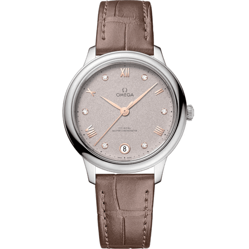 OMEGA De VillePrestige co-axial Master Chronometer 34 mm [43413342052002], wristwatch with silver dial, rose gold hands and Roman numeral hour markers, brown leather strap.