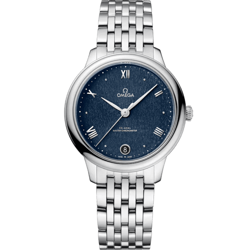 OMEGA De VillePrestige co-axial Master Chronometer 34 mm, silver stainless steel watch with a blue textured dial, Roman numeral and baton hour markers, and a date window at 6 o'clock.