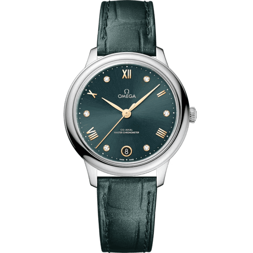 Omega De Ville Prestige Co-Axial Master Chronometer 34mm, product image of a luxury wristwatch with a green leather strap and a blue dial featuring gold accents and diamond hour markers.