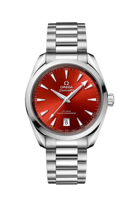 OMEGA Seamaster Aqua Terra Shades co-axial Master Chronometer 38 mm watch, stainless steel bracelet with red sunburst dial, date display at 6 o'clock, and luminous hands and hour markers.