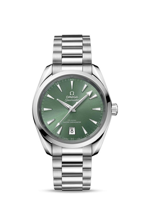 OMEGA Seamaster Aqua Terra Shades co-axial Master Chronometer 38 mm watch, featuring a green dial with silver-tone hands and index hour markers, stainless steel case and bracelet, with date display at 6 o'clock.