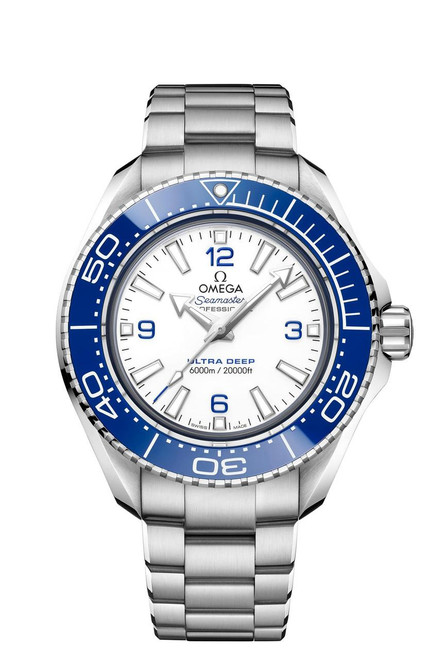 Omega Seamaster Planet Ocean 6000M co-axial Master Chronometer 45.5 mm, luxury stainless steel diving watch with blue and white dial and unidirectional bezel.