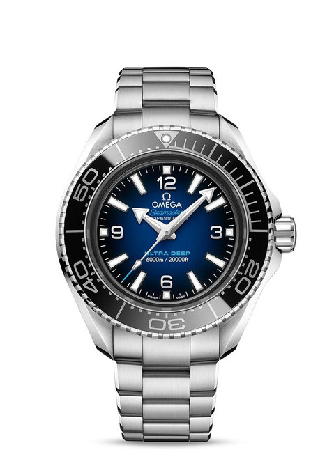 Omega Seamaster Planet Ocean 6000M co-axial Master Chronometer 45.5 mm, stainless steel diving watch with blue dial and rotating bezel.