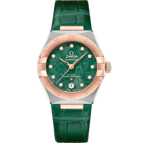 Omega Constellation co-axial Master Chronometer 29 mm watch, green dial with diamond hour markers, rose gold bezel, and green leather strap.
