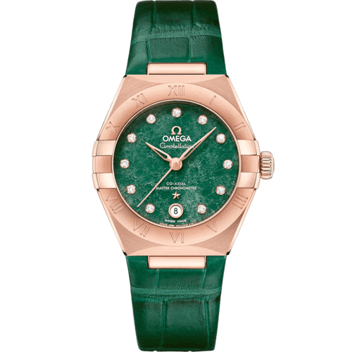 Omega Constellation Co-Axial Master Chronometer 29 mm watch, green dial with diamond hour markers, rose gold case, green leather strap.