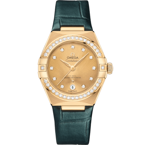 Omega Constellation Co-Axial Master Chronometer 29mm, luxurious gold watch with diamond-studded bezel and dial, accompanied by a sleek dark green leather strap.